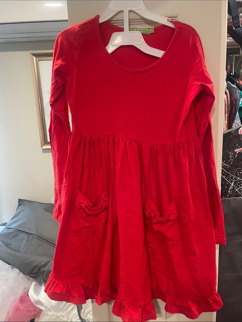 Girls' Red Long-Sleeve Bow Pocket Dress